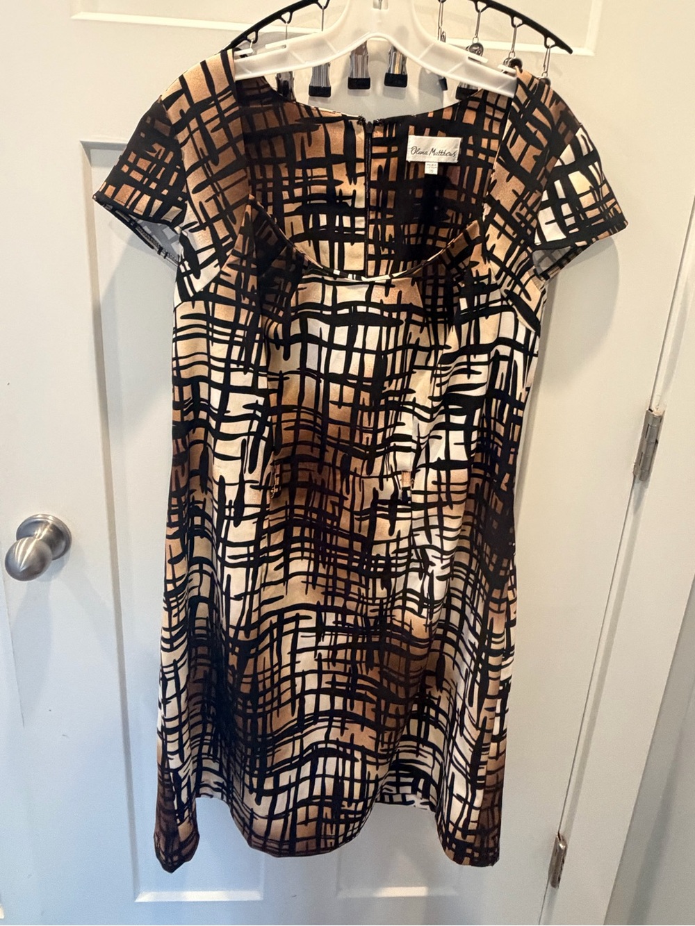 Olivia Matthews Women’s 16 Abstract Print Short Sleeve A-Line Dress Brown Black